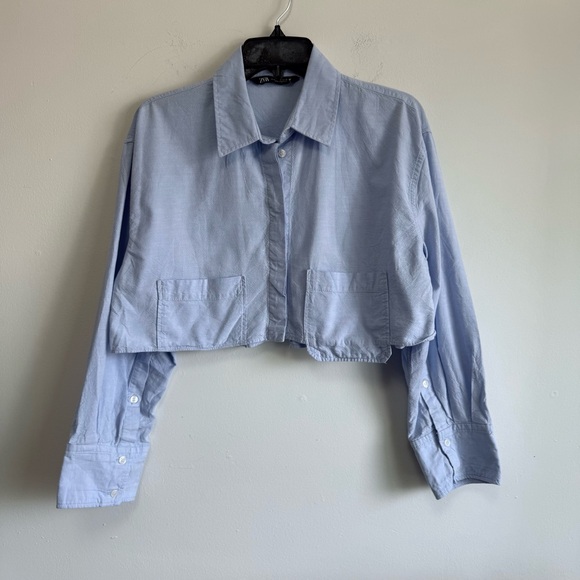 ZARA Light Blue Cropped Oxford Shirt Minimalist Clean Girl Size M - Picture 2 of 8